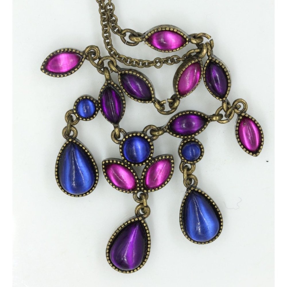 VINTAGE Avon SAQ rhinestone chandelier necklace blue, purple, pink. brass 20"